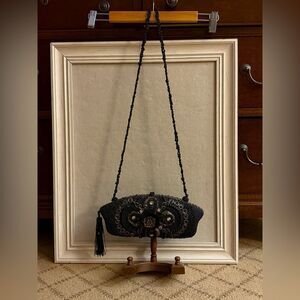 Mary Frances handmade black/ topaz beaded clutch purse chain VINTAGE